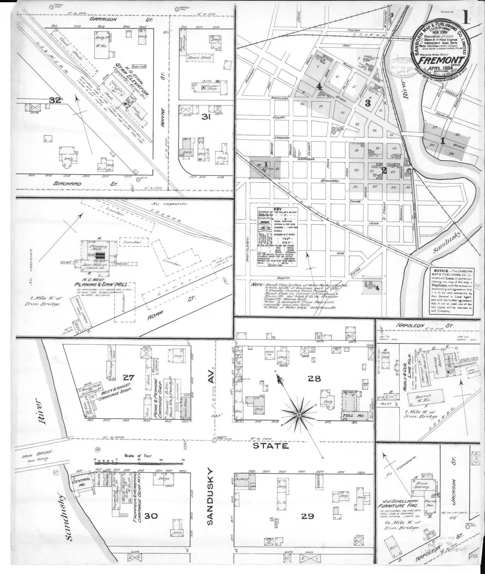 Hand-drawn 1893 Sanborn fire insurance map of Fremont, Ohio.